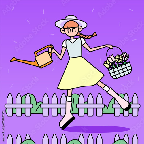 정원에서 물뿌리개와 꽃 바구니를 들고있는 소녀 일러스트. Illustration of a girl holding a watering can and a flower basket in the garden
