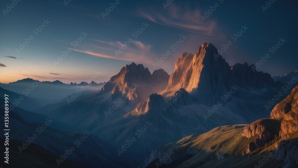 Naklejka premium At twilight, the Dolomite Mountains.