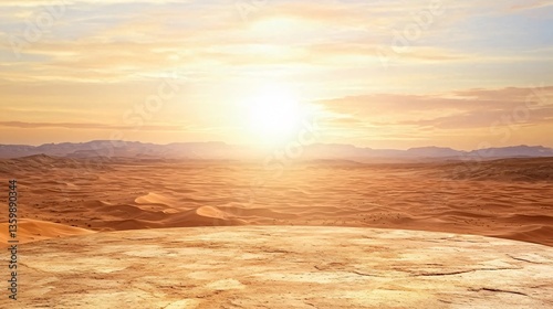 Desert expanse. Sand dunes ripple under a warm sun. Stone foreground. Distant mountains visible. Horizon view