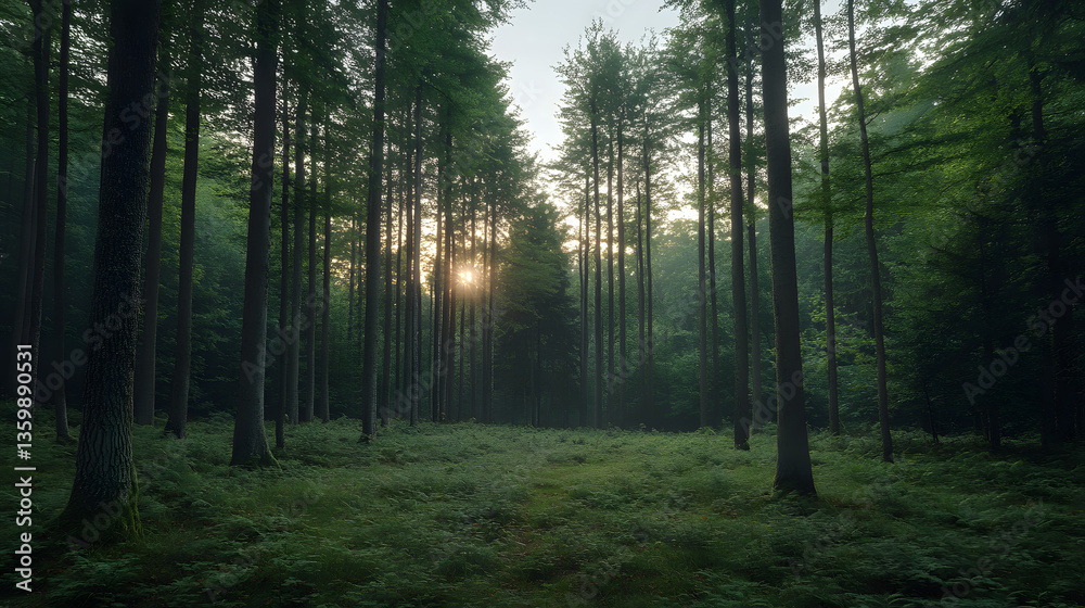 Naklejka premium Sunlight piercing a dense forest