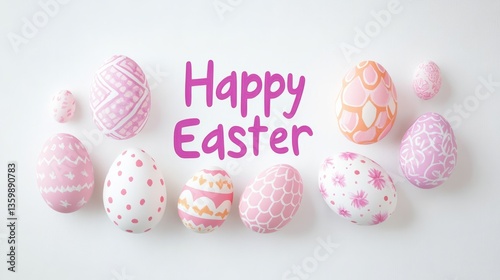 Easter eggs with pink and purple decorations forming a festive background with the text happy easter	
