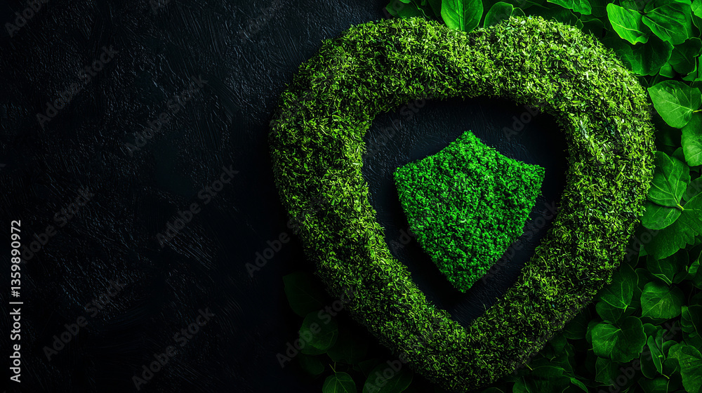 green heart shape made of grass symbolizes environmental protection and sustainability, surrounded by lush leaves