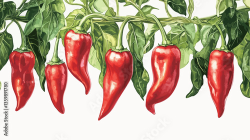 A detailed watercolor painting depicts a horizontal row of red chili peppers hanging from a vine with vibrant green leaves against a stark white background. The peppers are depicted with a high