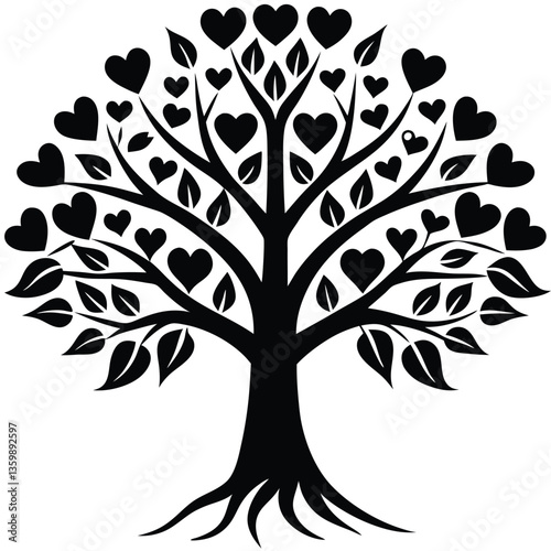 Stylized Tree with Heart Shaped Leaves, Black Silhouette on White Background, Simple Design