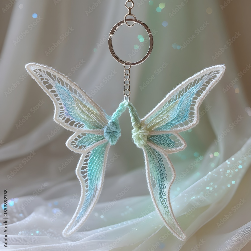 Fototapeta premium A meticulously crafted, intricate lace-style crochet keychain wing set, featuring a pair of tiny fairy wings, each approximately 2-3 inches in length, with a delicate, filigree-like pattern, 