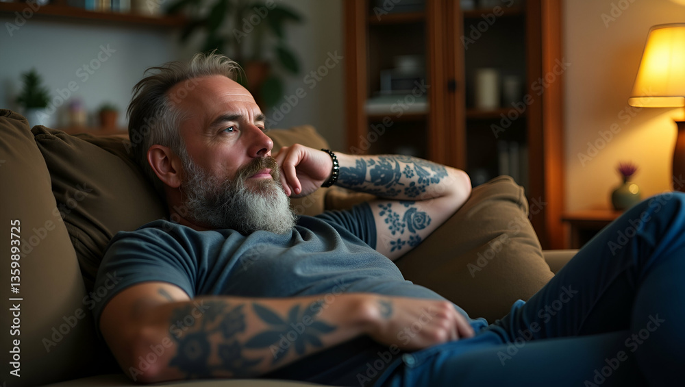 Dreamy Relaxed Mature Tattooed Hipster Man Reflecting at Home: Stylish Mid-Aged Bearded Guy Sitting on Couch in Pensive Mood with Empty Space for Text Dreamy Relaxed Mature Tattooed Hipster Man Reflecting at Home: Stylish Mid-Aged Bearded Guy Sitting on Couch in Pensive Mood with Empty Space for Text
