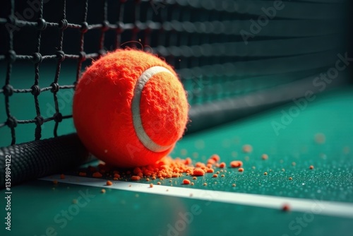 Paddle ball nestled at net base, close-up view, ball at base, paddle ball