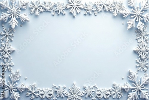 Ornate border of intricate snowflake designs in white and silver, whimsical, festive