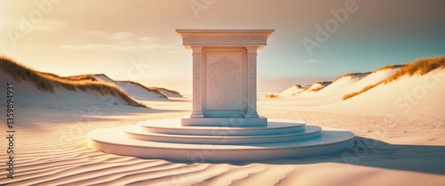Fototapeta Naklejka Na Ścianę i Meble -  White stone podium with space for product display set against a sand beach background.