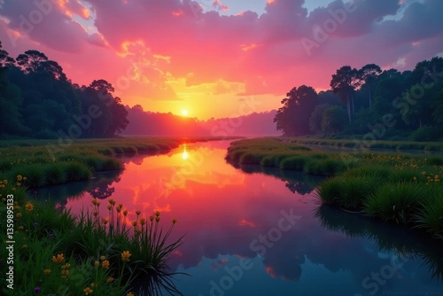 Sunrise illuminates Erguna River's wetland, showcasing vibrant hues on the water and vegetation , sun, rays