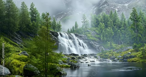 Mountain waterfall cascading into a misty alpine lake, tranquil scene