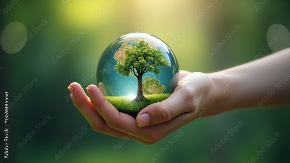 Earth Crystal Glass Globe with Tree Held by Robot Hand: A Symbol of Environmental Protection, Clean Planet, and Sustainable Technology - Stock Photo Concept with Space for Text Earth Crystal Glass Globe with Tree Held by Robot Hand: A Symbol of Environmental Protection, Clean Planet, and Sustainable Technology - Stock Photo Concept with Space for Text