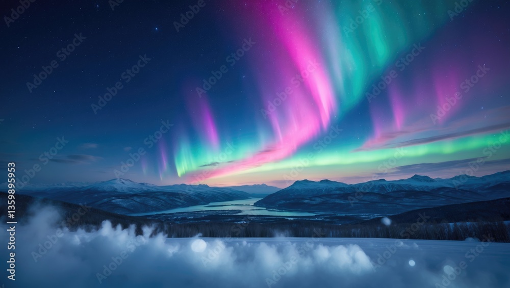 Vertical image of an aurora lighting up the sky above snow-covered hills and mountains. Vertical image of an aurora lighting up the sky above snow-covered hills and mountains.