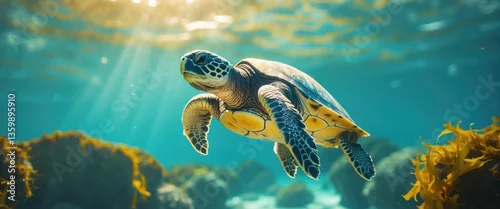 Obraz  z motywem Underwater scene of a sea turtle swimming in the ocean. Diving depiction of turtle beneath the waves.