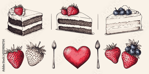 A series of cakes and strawberries with a heart in the middle. The cakes are all different flavors and sizes, and the strawberries are arranged in various ways