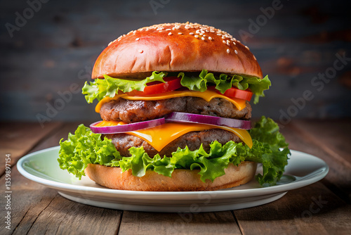 Delicious Gourmet Cheeseburger in plate – Juicy Beef Patty, Fresh Lettuce & Tomato on a Brioche Bun