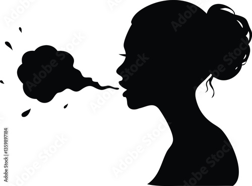 Woman Silhouette Exhaling Black Cloud, Blowing, Side Profile, Hair Bun, Abstract Effect