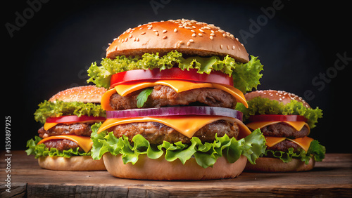 Delicious Gourmet Cheeseburger on wooden board – Juicy Beef Patty, Fresh Lettuce & Tomato on a Brioche Bun
