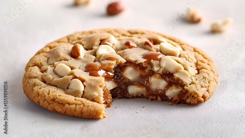 A large cookie with a gooey caramel and white chocolate filling, topped with almonds and pieces of chocolate. Concept Gooey Caramel Filling, White Chocolate Delight, Almond Toppings
