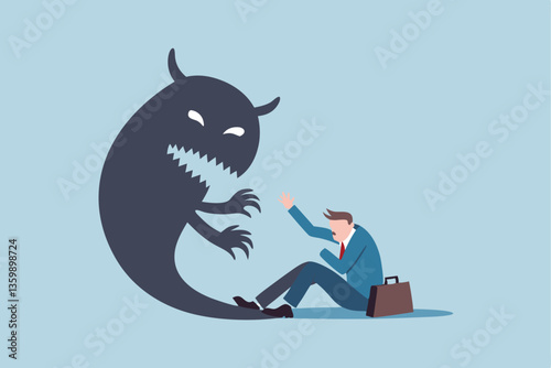 Fear, anxiety or panic attack, afraid of mistake, scared or nightmare suffering, depression or dread, worry or trouble causing distraught concept, fearful businessman afraid of evil monster shadow.