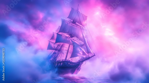 Sailing ship in vibrant nebula, ocean voyage, fantasy art, desktop wallpaper