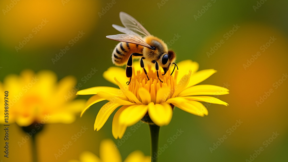 Flat Bee Collecting Nectar from Yellow Chrysanthemums: A Cute Vector Illustration of Autumn Pollination Flat Bee Collecting Nectar from Yellow Chrysanthemums: A Cute Vector Illustration of Autumn Pollination