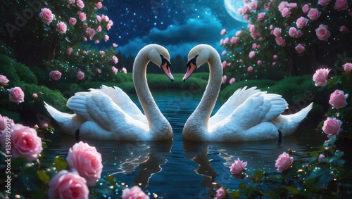 Fototapeta Naklejka Na Ścianę i Meble -  Two white swans gliding on a lake, a fantastical magical enchanted fairy tale setting with elegant birds in love, a fairytale blooming pink rose garden at night against a mysterious blue background.