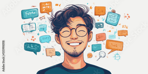 A man with glasses is smiling and surrounded by many different symbols and shapes. Concept of creativity and imagination, as well as a positive and happy mood