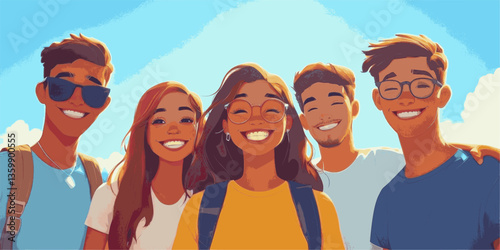 A group of young people are smiling and posing for a picture. Scene is happy and friendly