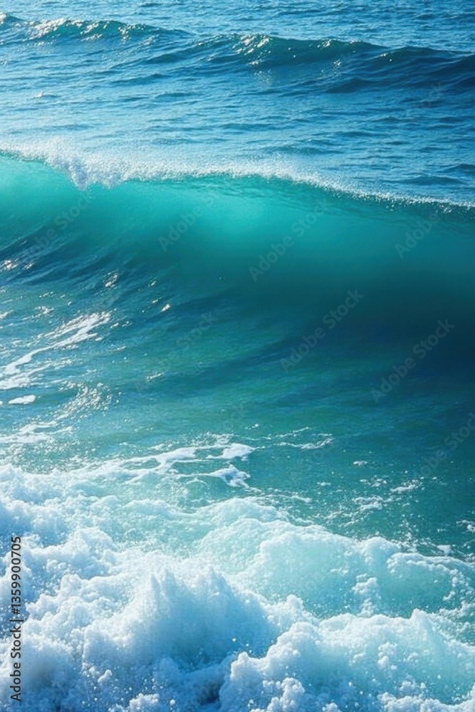 Fototapeta premium Peaceful blue sea with rolling waves and white foamy surf, wave, blue