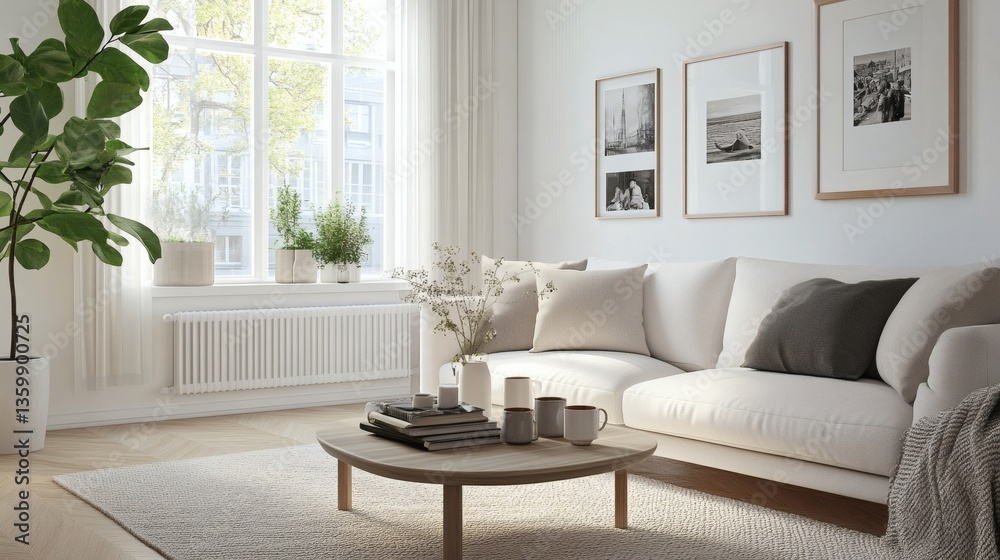 Fototapeta premium A bright Scandinavian-style living room with a minimalist white sofa, light wooden floors, and a soft wool rug. A sleek coffee table holds a stack of well-loved books, a ceramic mug of tea.