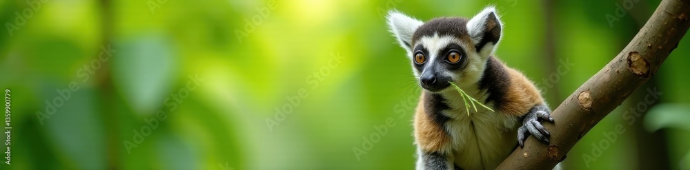 Naklejka premium Bamboo lemur clings to branch, grass in mouth, colourful, tree