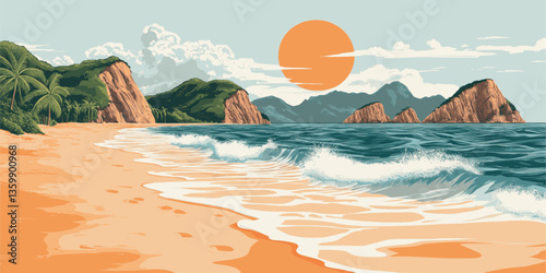 A beach scene with a large sun in the sky. The sun is setting and the sky is a mix of blue and orange. The beach is empty and the water is calm