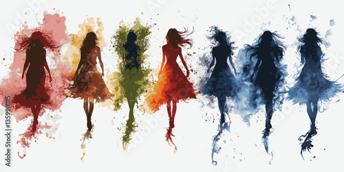 A series of women in colorful dresses are dancing in a line. The dresses are in different colors, and the women are in different positions. Concept of movement and energy