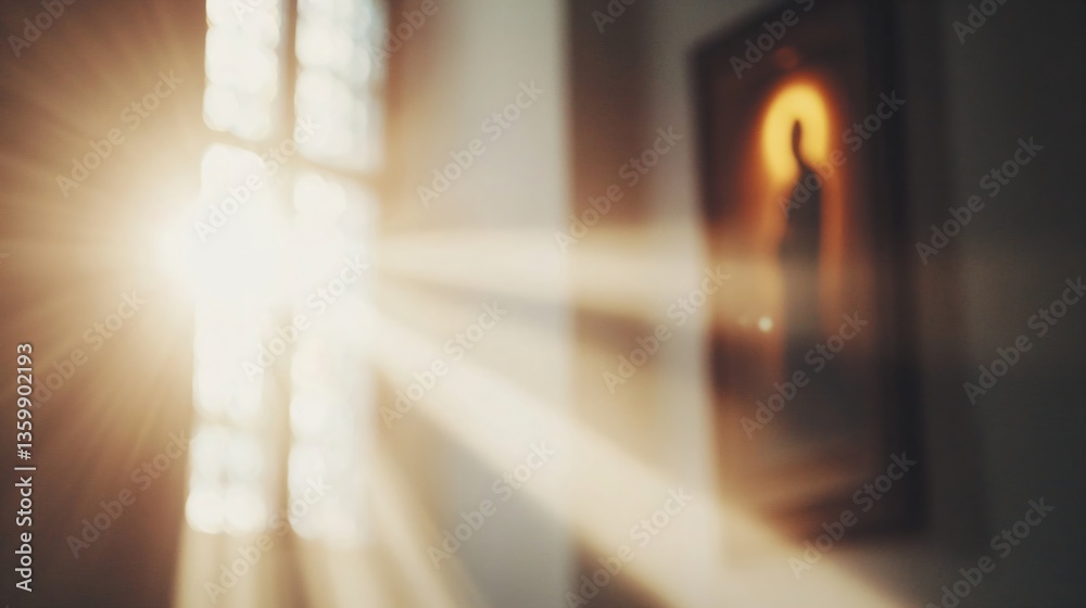 Sunlight through cross-shaped window in church with candle. Christian symbol of hope and faith. Easter, Good Friday, or Christmas concept. Religious interior. Sunlight through cross-shaped window in church with candle. Christian symbol of hope and faith. Easter, Good Friday, or Christmas concept. Religious interior.