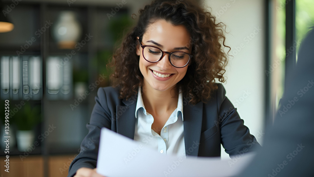 Cheerful Female Financial Advisor Consulting Investors on Tax Planning and Legal Documents in Office Cheerful Female Financial Advisor Consulting Investors on Tax Planning and Legal Documents in Office