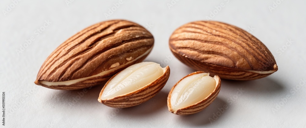 Obraz premium two whole brown almonds that are peeled, one almond half that is broken