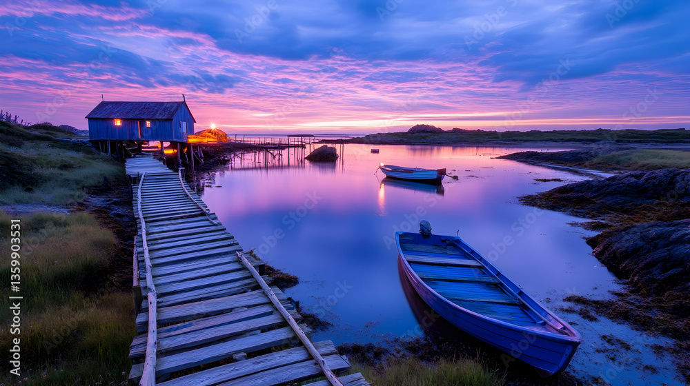 Obraz premium Serene sunset over coastal shack, boats at rest, tranquil waters
