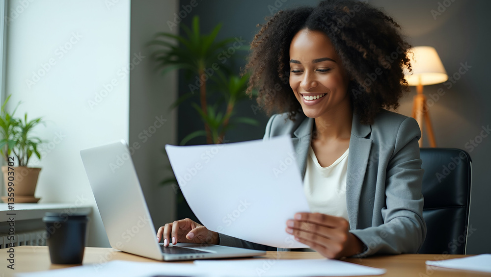 Dynamic Vertical Photo of Busy Young African American Business Woman Executive at Desk: Laptop, Income Documents, and Professional Office Environment with Space for Text Dynamic Vertical Photo of Busy Young African American Business Woman Executive at Desk: Laptop, Income Documents, and Professional Office Environment with Space for Text