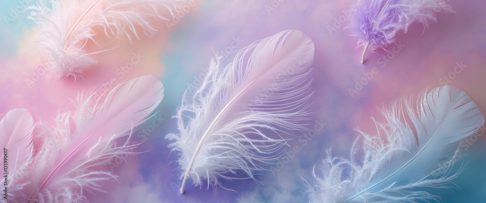 Fototapeta premium Abstract rainbow feather patchwork background. Closeup of a white fluffy feather beneath a colorful pastel neon mist. Fashion Color Trends.
