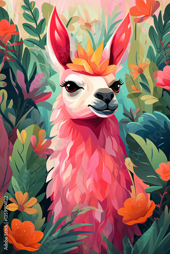 Colorful poster, placard with alpaca, llama in a tropical forest. Ai generated image