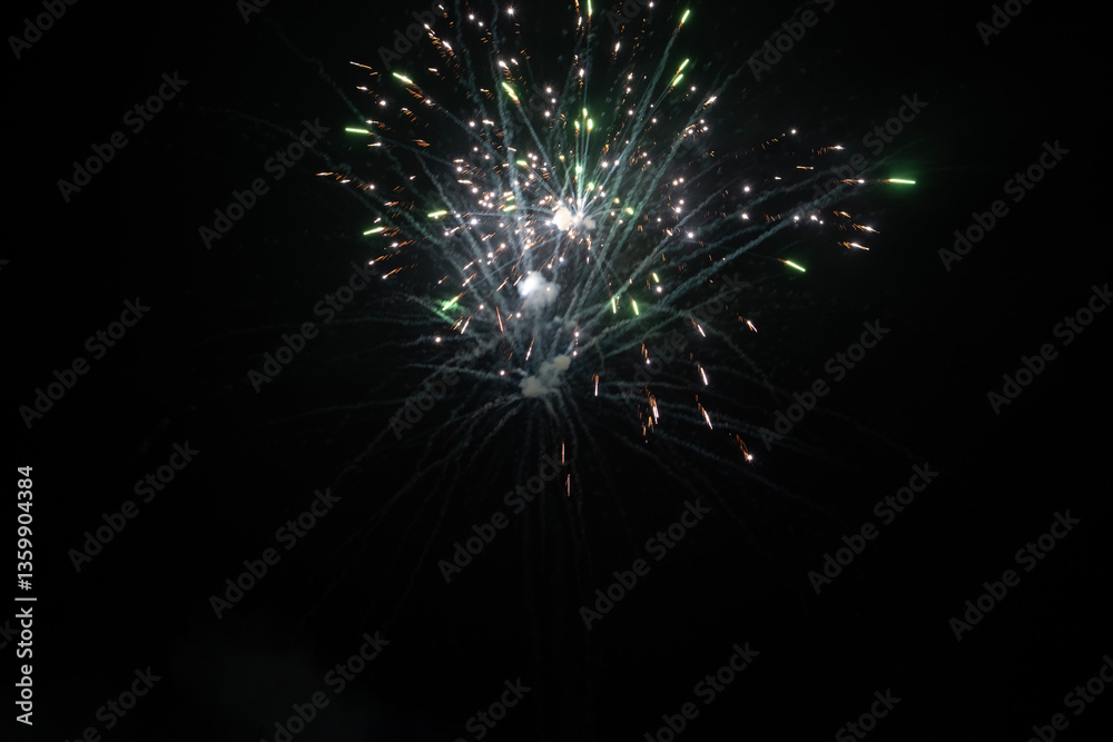 Obraz premium Firework. Colorful festive fireworks, standing out against the black sky. A shot of a bright fireworks explosion. Explosion. Firework. An overlay. new year. christmas, independence day, birthday, holi