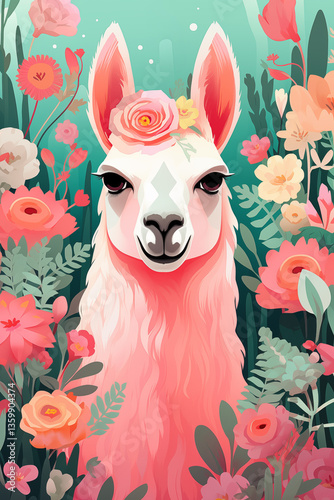 Colorful poster, placard with alpaca, llama in a tropical forest. Ai generated image