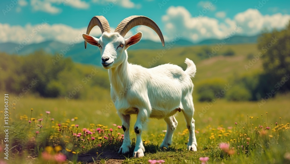 Fototapeta premium White goat upright on two legs