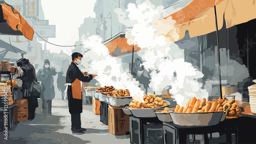 The image is a digital painting depicting a bustling street scene, possibly in an Asian city. The style is painterly, with visible brushstrokes and a slightly hazy atmosphere. The central focus is
