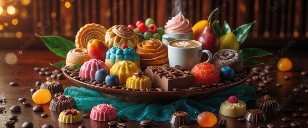 Fototapeta premium Traditional coffee and treats displayed on a wooden surface.