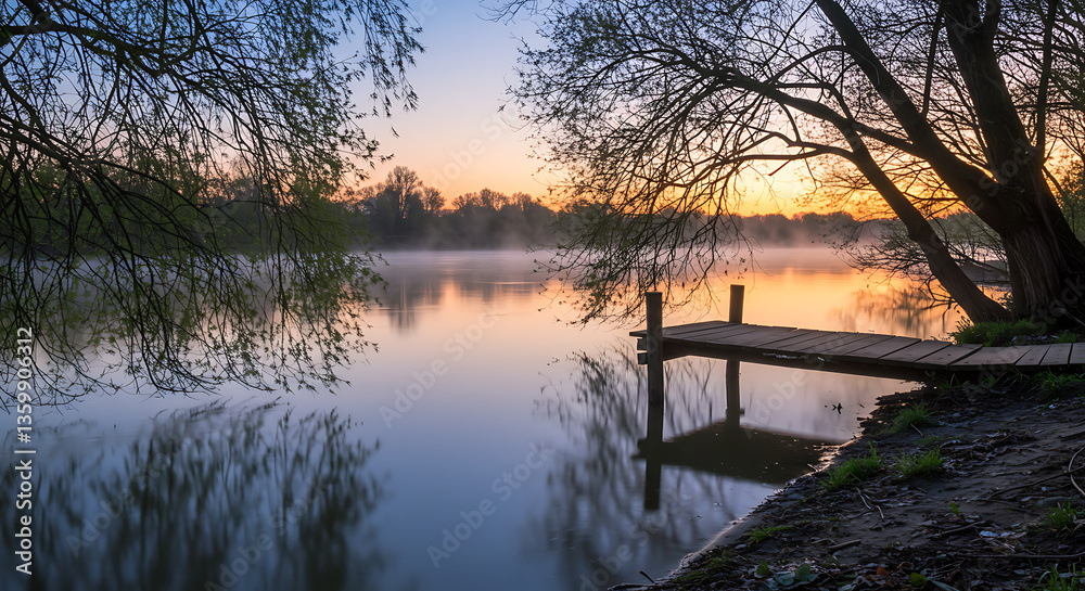 Obraz premium Serene Sunrise over Misty Lake with Wooden Dock