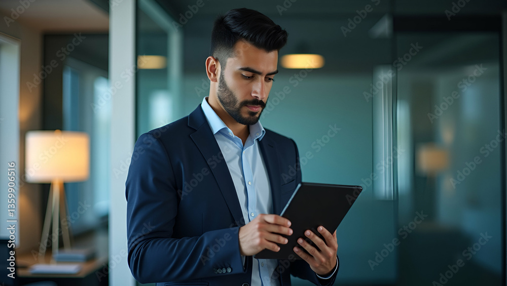 Busy Young Latin Businessman Analyzing Finance Data on Tablet in Modern Office - Vector Illustration Busy Young Latin Businessman Analyzing Finance Data on Tablet in Modern Office - Vector Illustration