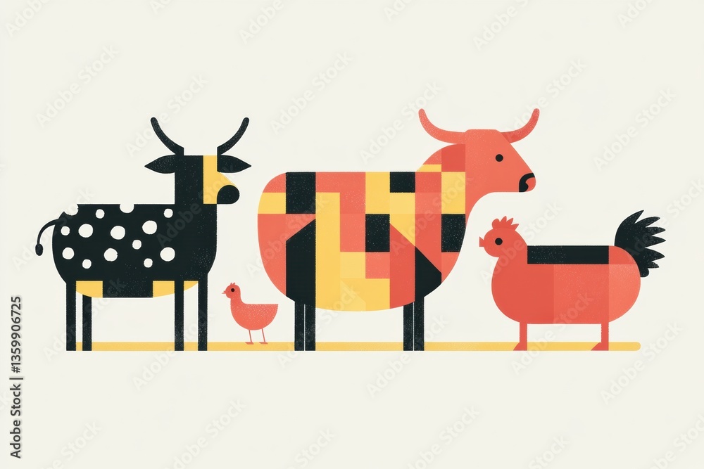 Minimalist geometric art featuring cows, pigs, and chickens in vibrant colors set against a neutral background Generative AI Minimalist geometric art featuring cows, pigs, and chickens in vibrant colors set against a neutral background Generative AI