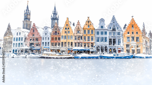 Snowy canal-side houses, winter city scene, postcard